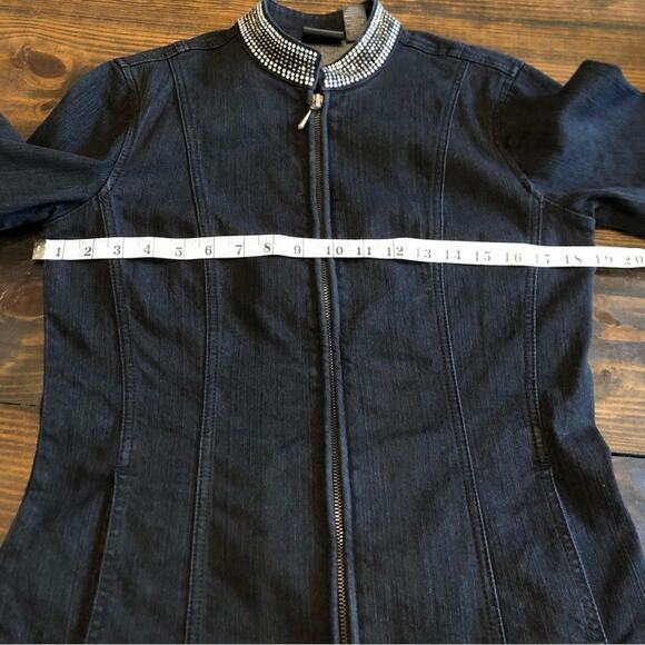Chico’s Studded Denim Jacket Women’s Size Medium Black Stretch Zip Up Old Money - Picture 6 of 12